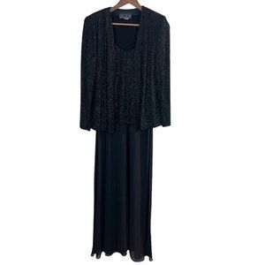 Alex Evenings 2-Piece Set Long Gown Jacket 10 Black Silver Sparkle Chiffon Dress